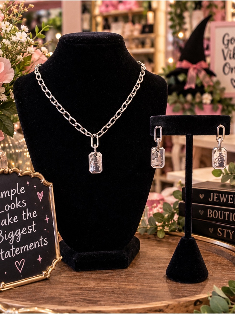 Maurices Silver Rectangular Pendant Chain Necklace and Earring Set